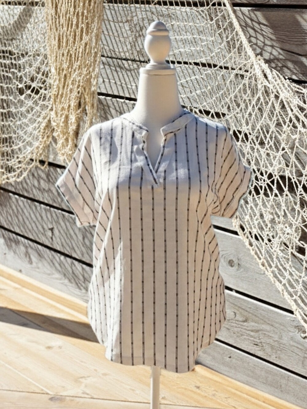 Summer Navy & White Vertical Striped Split-Neck Blouse
